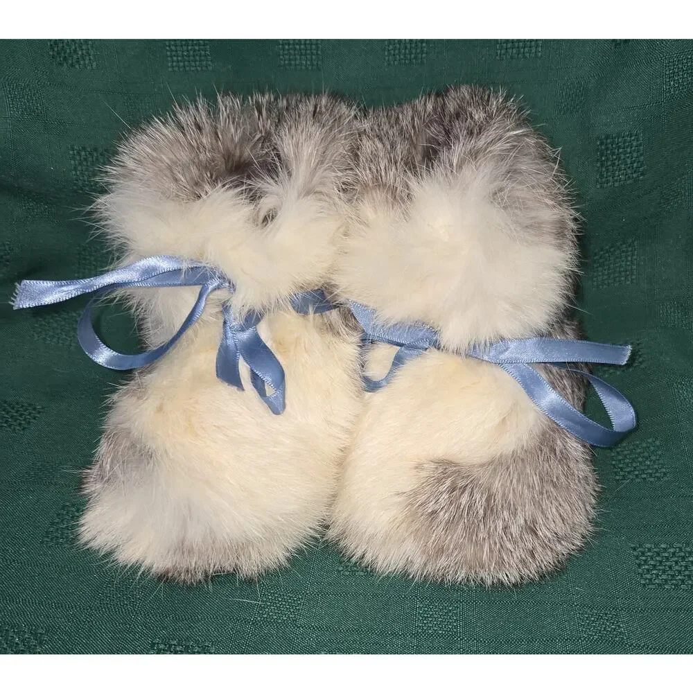 Rabbit Fur Kids Slippers Moccasins Vintage 6